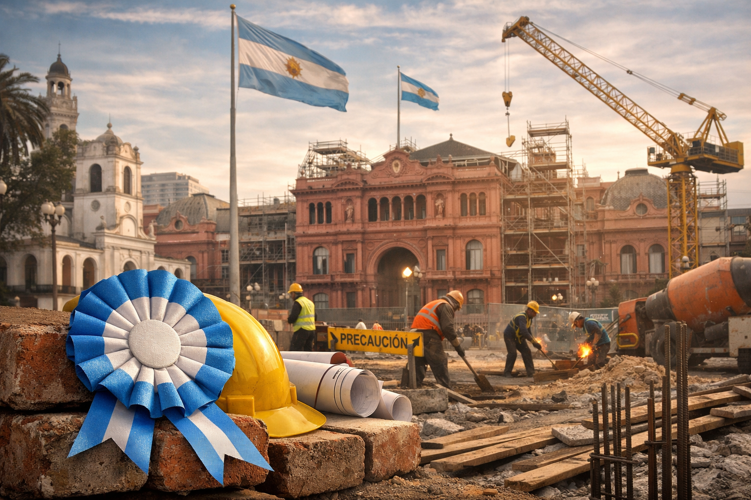 Escena simbólica del 25 de mayo: una escarapela argentina sobre ladrillos y una obra en construcción frente a la Casa Rosada, representando un país que celebra su independencia mientras sigue en andamios.