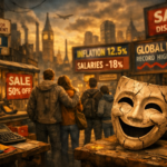 Máscara de comedia agrietada en primer plano, símbolo de la actuación de la clase media aspiracional frente a un escenario global de inflación, salarios en caída y consumo sostenido por apariencia; al fondo, personas observan vidrieras y carteles económicos en una ciudad híbrida.