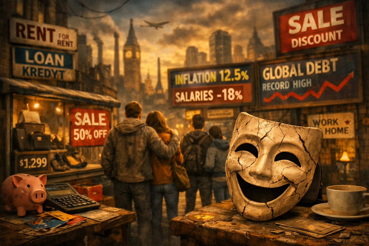 Máscara de comedia agrietada en primer plano, símbolo de la actuación de la clase media aspiracional frente a un escenario global de inflación, salarios en caída y consumo sostenido por apariencia; al fondo, personas observan vidrieras y carteles económicos en una ciudad híbrida.