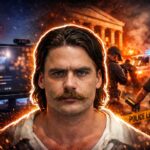 Chud the Builder frente a un set de streaming y una escena policial divididos por un vidrio roto
