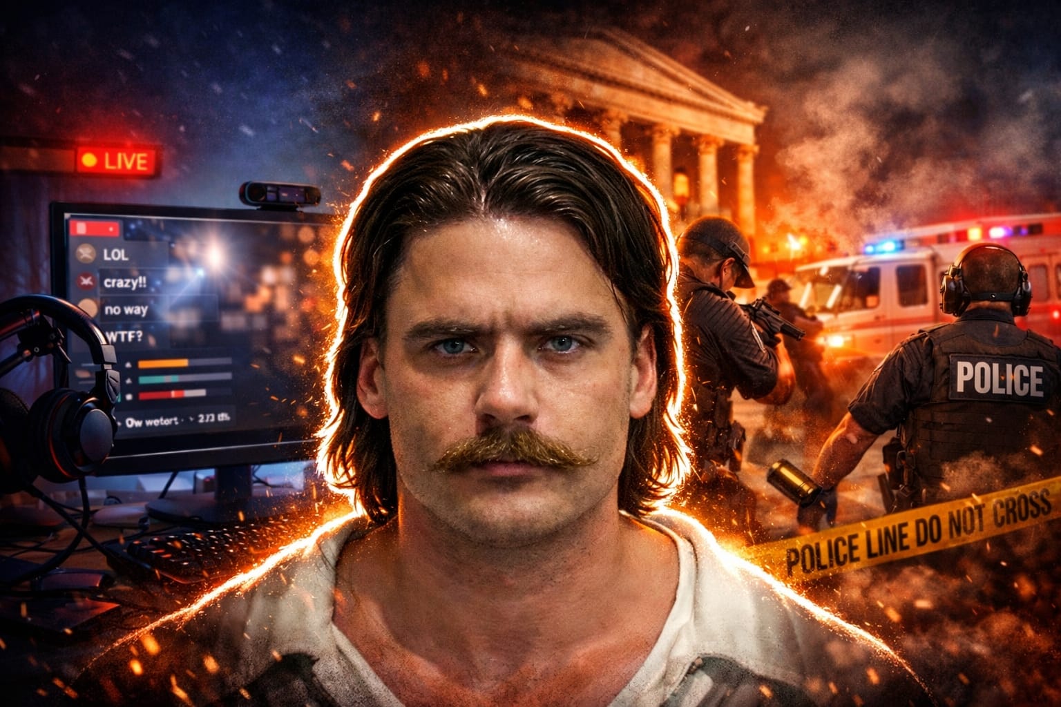 Chud the Builder frente a un set de streaming y una escena policial divididos por un vidrio roto
