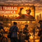 Escena urbana al atardecer durante el Día del Trabajador: trabajadores anónimos en sombra frente a un cartel luminoso que proclama ‘El trabajo dignifica’, mostrando el contraste entre la épica del discurso y la precariedad real