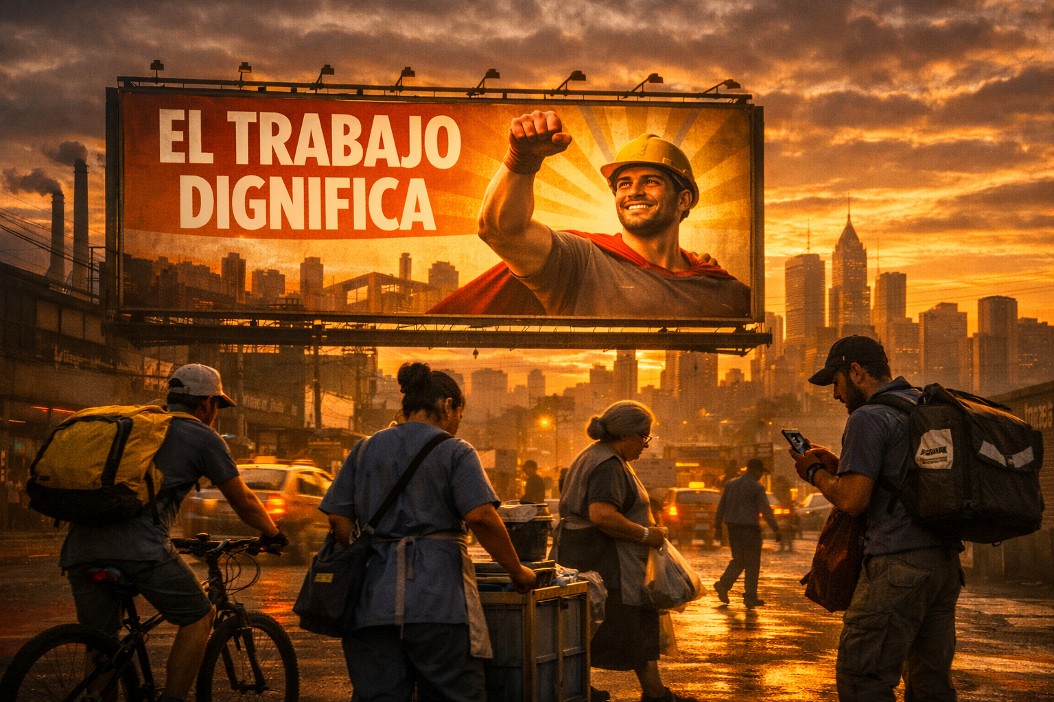 Escena urbana al atardecer durante el Día del Trabajador: trabajadores anónimos en sombra frente a un cartel luminoso que proclama ‘El trabajo dignifica’, mostrando el contraste entre la épica del discurso y la precariedad real