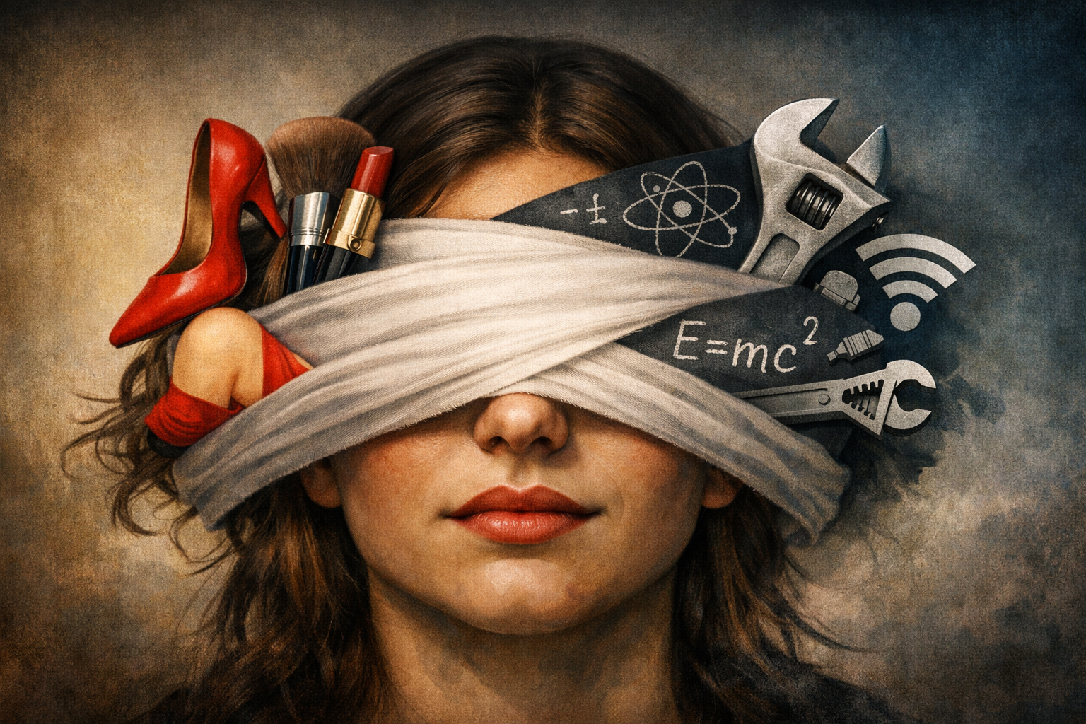 Imagen conceptual del prejuicio: una persona con los ojos vendados entre símbolos de belleza y ciencia, representando cómo los estereotipos nublan la mirada